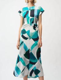Joseph Ribkoff Textured Satin Geometric Dress in green multi - women's dress