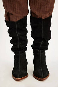 Free People Sway Low Slouch Boot 2.0 in black suede - women's shoe - detail view