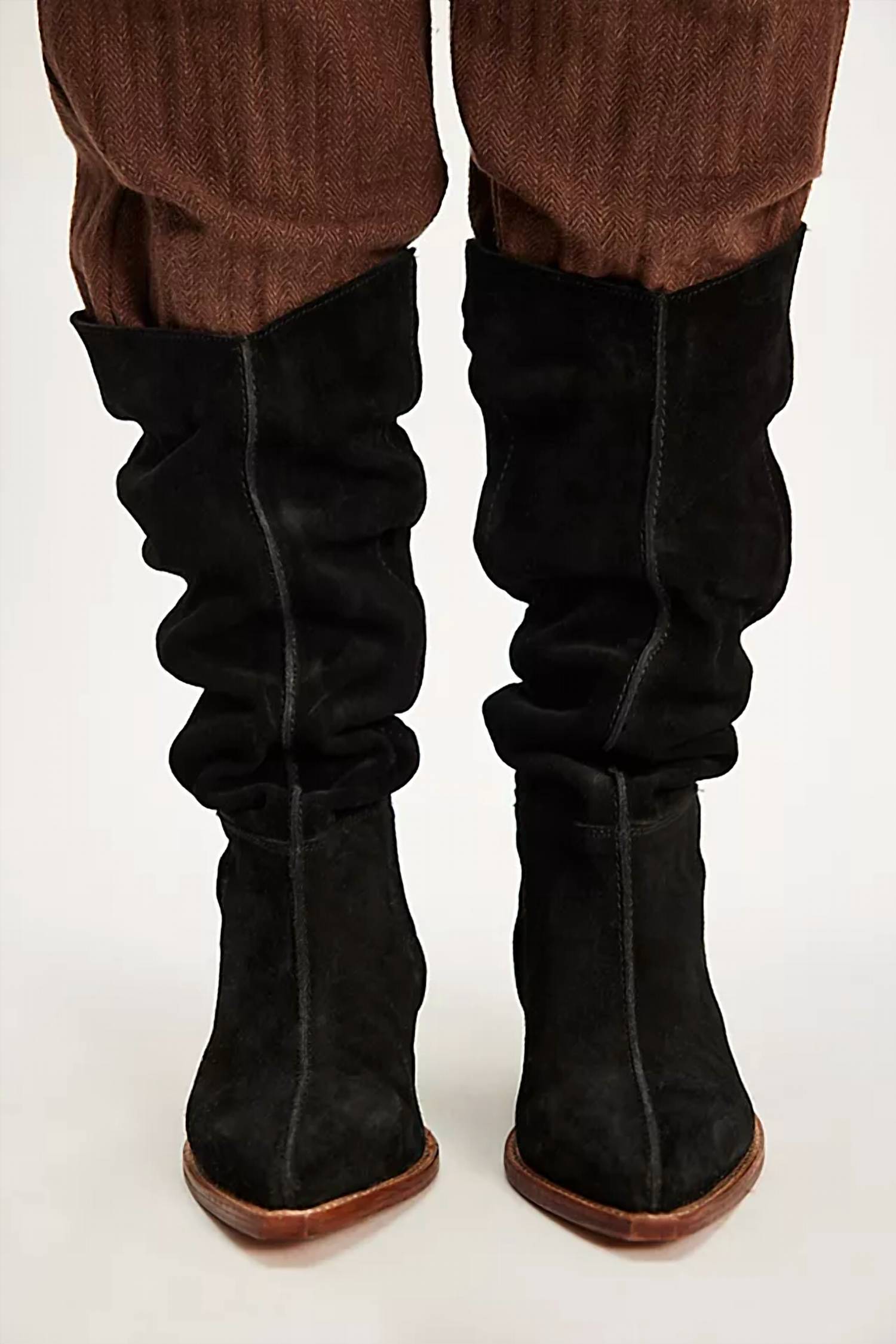 Free People Sway Low Slouch Boot 2.0 in black suede - women's shoe - detail view