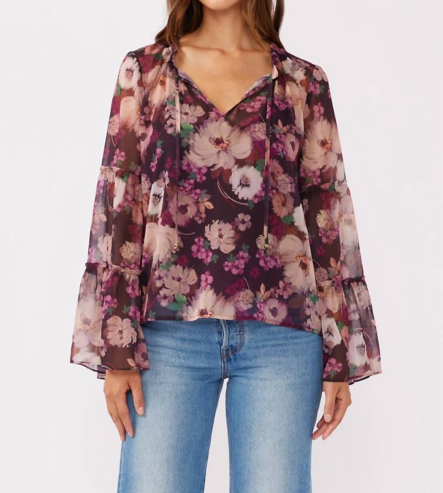 LOVESTITCH Bell Sleeve V-split Neck Blouse in plum - women's blouse