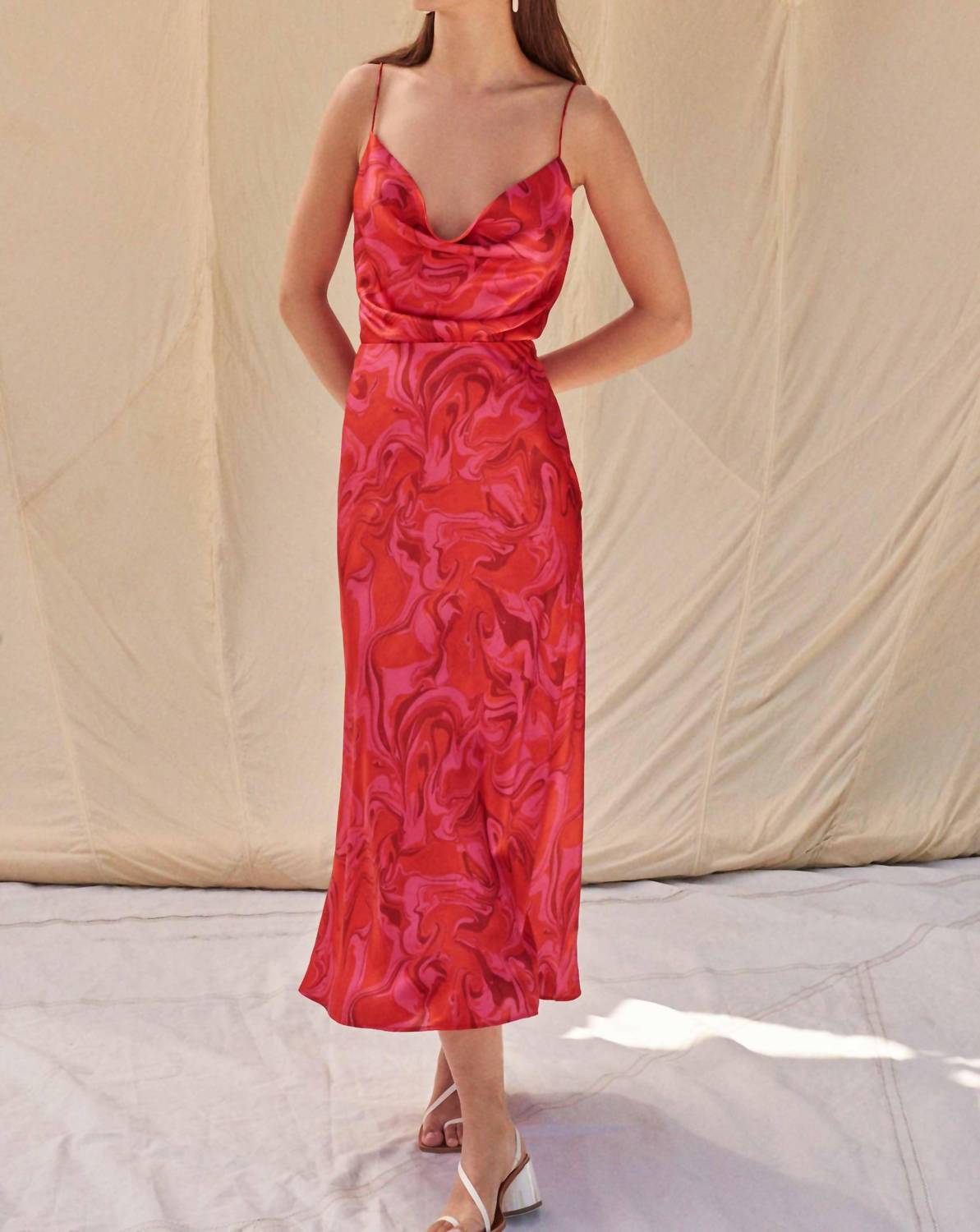 Aiifos Linda Slip Midi Skirt in pink and red marble - women's skirt