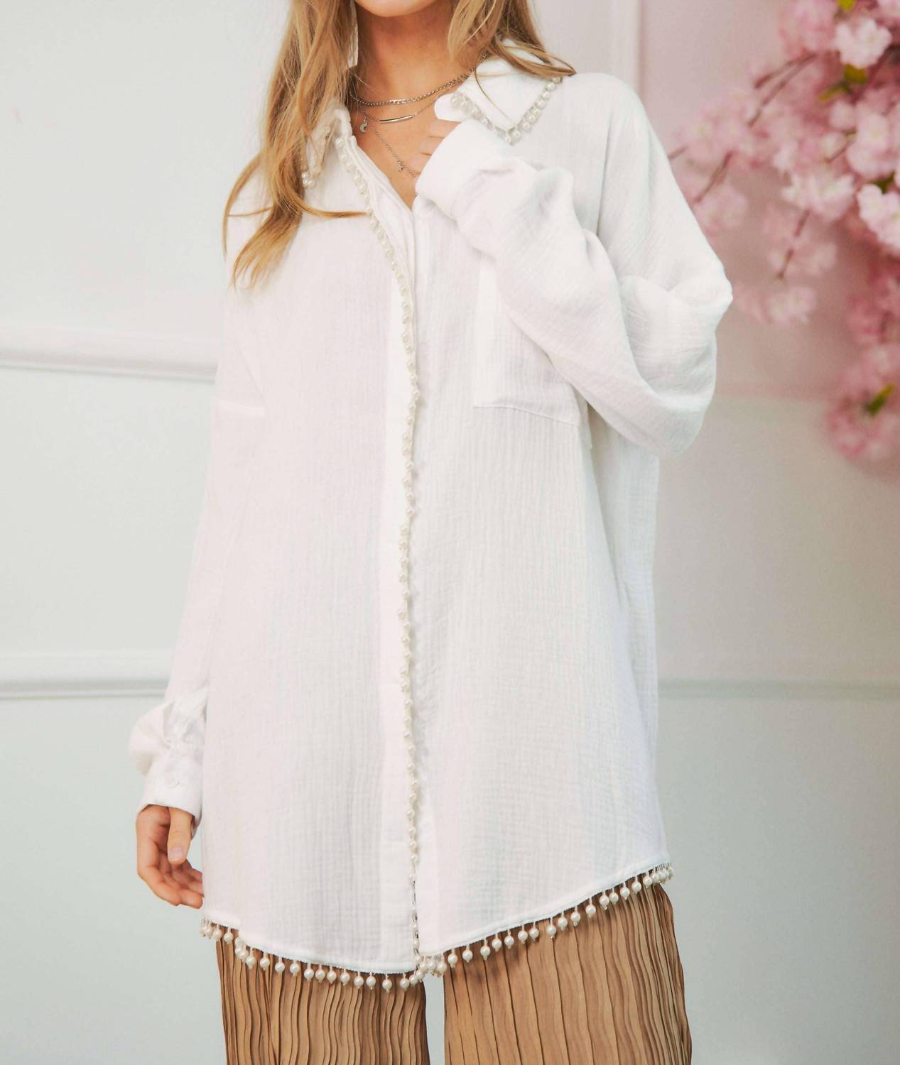 Davi & Dani - Pearl Embellishment Button Front Shirt - Plus