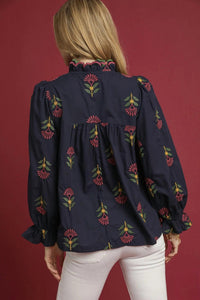 Umgee - Embroidered Floral Ruffle Neck Blouse