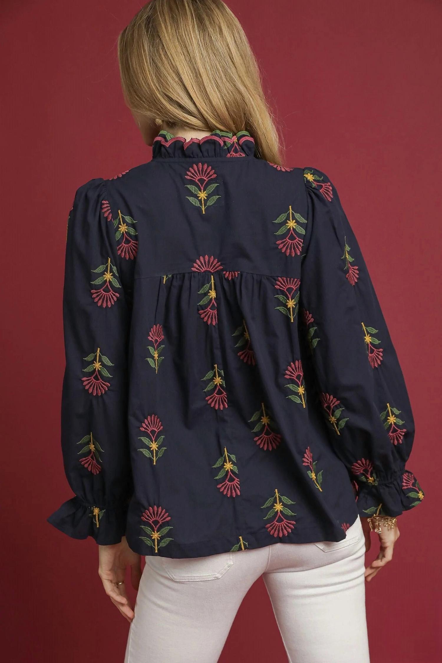Umgee - Embroidered Floral Ruffle Neck Blouse