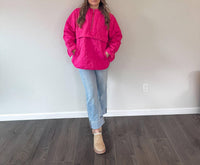And The Why Quilted Half Zip Up Leopard Detailed Hoodie in fuchsia - women's top