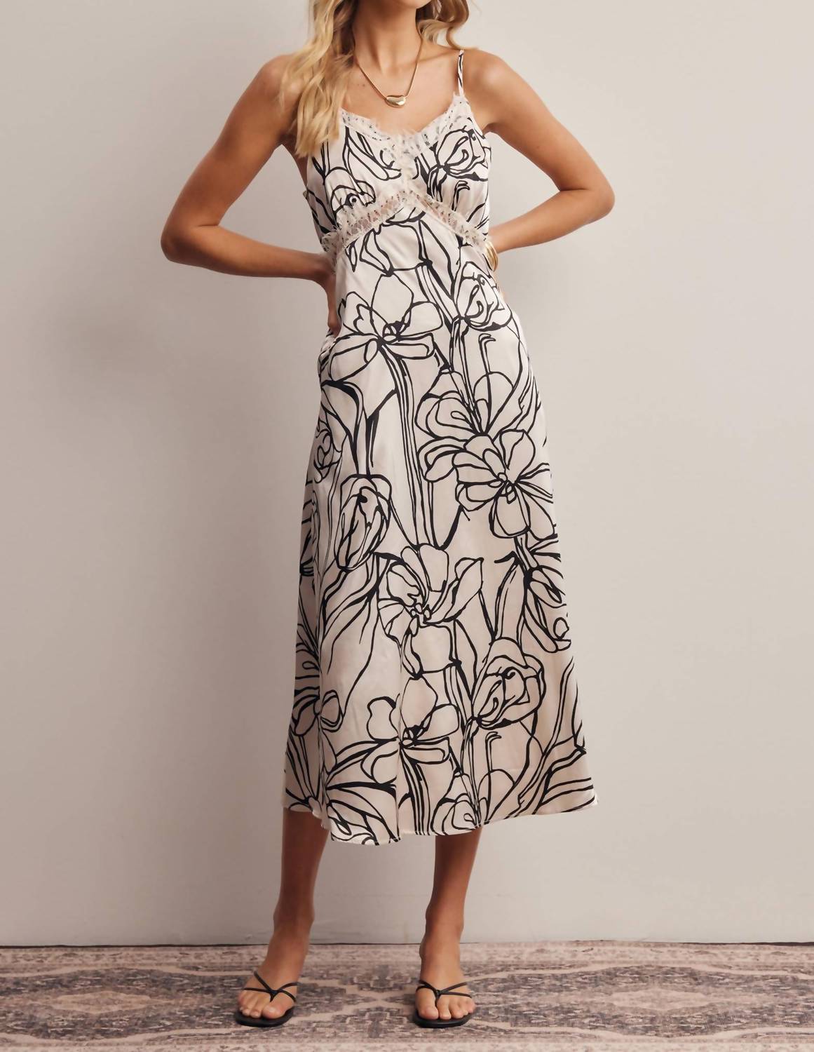 Forte - Lace Trim Floral Satin Midi Dress