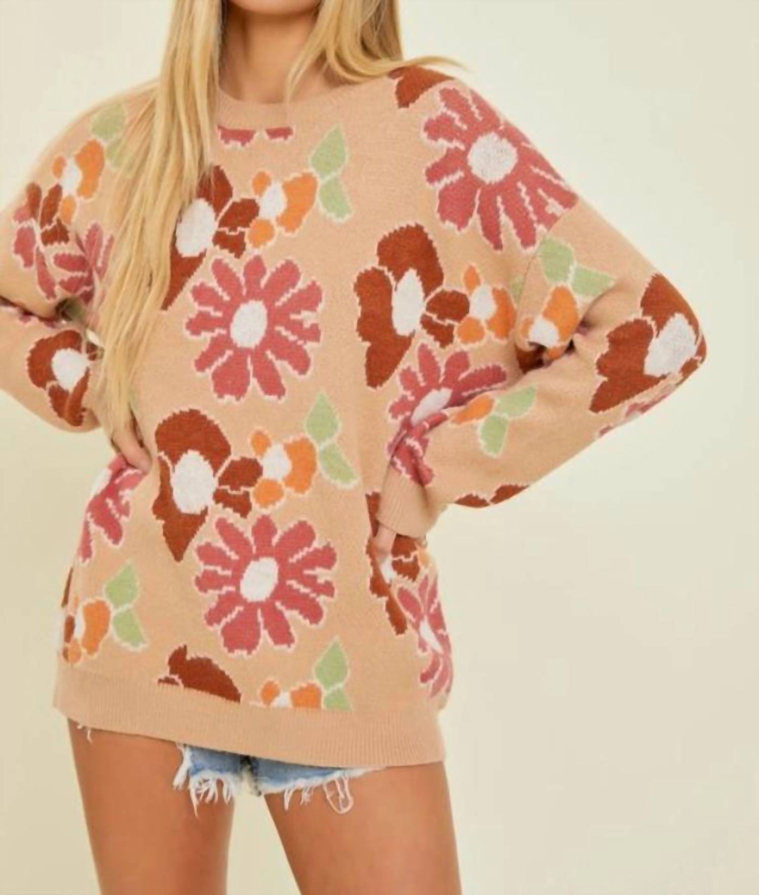 Baevely By Wellmade - Jacquard Floral Print Sweater