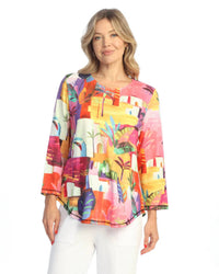 Jess & Jane Cancun Round Neck Three Quarter Sleeve Top in multi color - women's blouse - alternate view