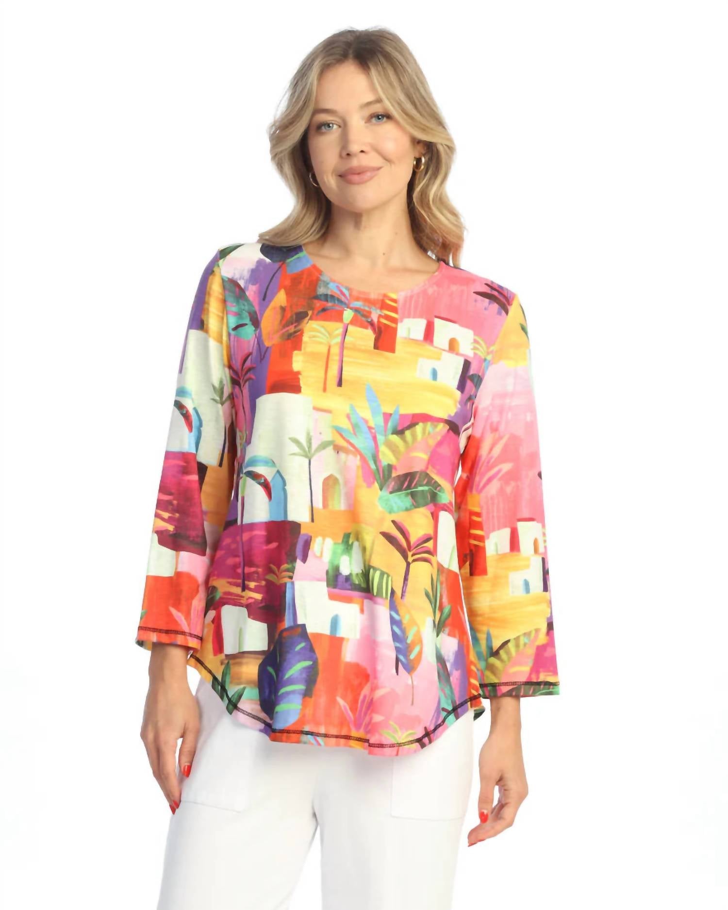 Jess & Jane Cancun Round Neck Three Quarter Sleeve Top in multi color - women's blouse - alternate view