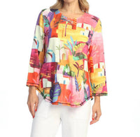 Jess & Jane Cancun Round Neck Three Quarter Sleeve Top in multi color - women's blouse - detail view