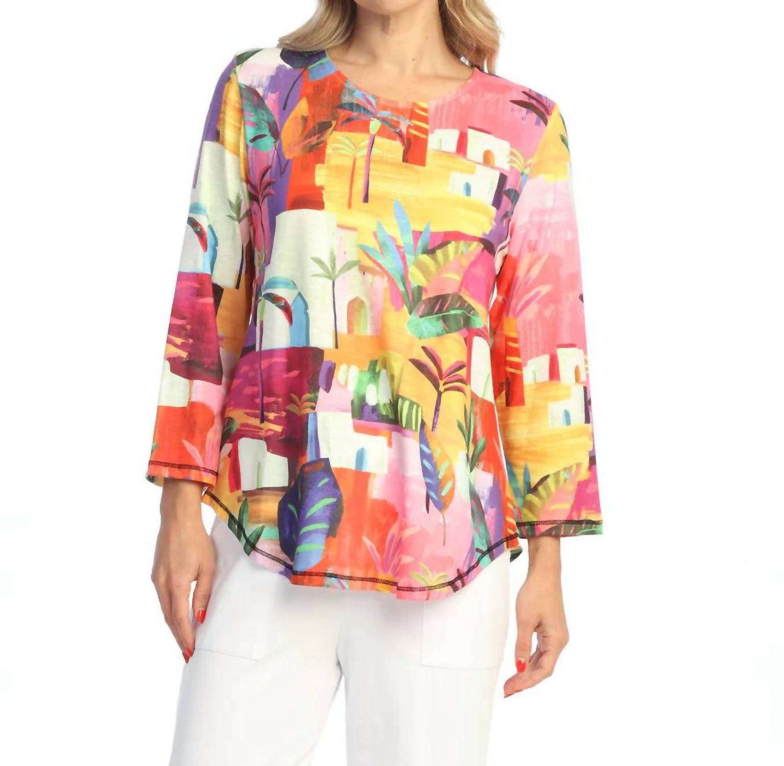 Jess & Jane Cancun Round Neck Three Quarter Sleeve Top in multi color - women's blouse - detail view