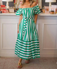 PINCH Striped Midi Puff Sleeve Dress in green - women's dress - alternate view