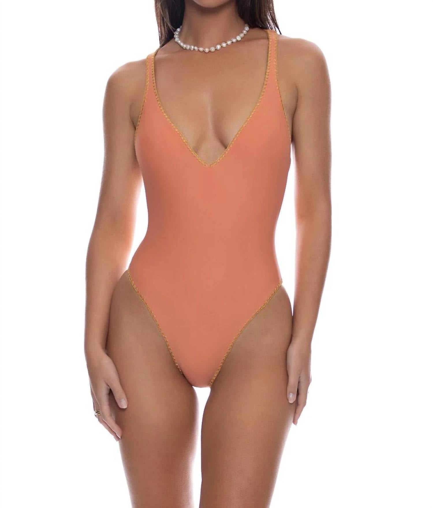 Luli Fama Luxe Stitch V-neck One Piece Bikini in azafran - women's swimwear