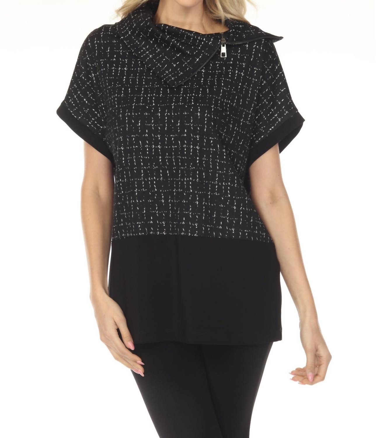 Joseph Ribkoff Checkered Jacquard Tunic Top in black off white 1 - women's shirt - detail view