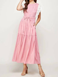 Strut & Bolt Eyelet Trim Tiered Midi Dress in pink - women's dress
