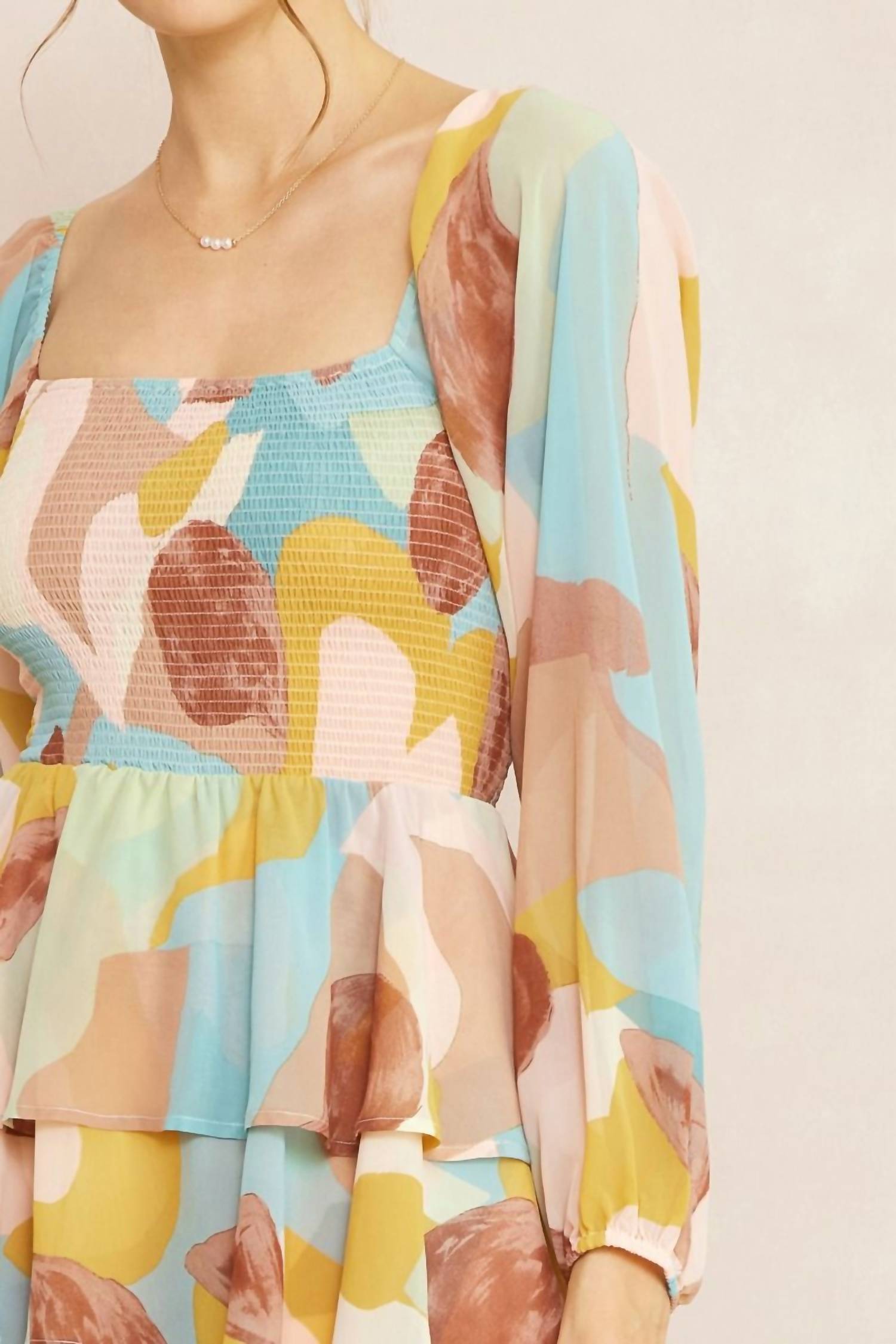 Entro - Printed Square Neck Tiered Romper