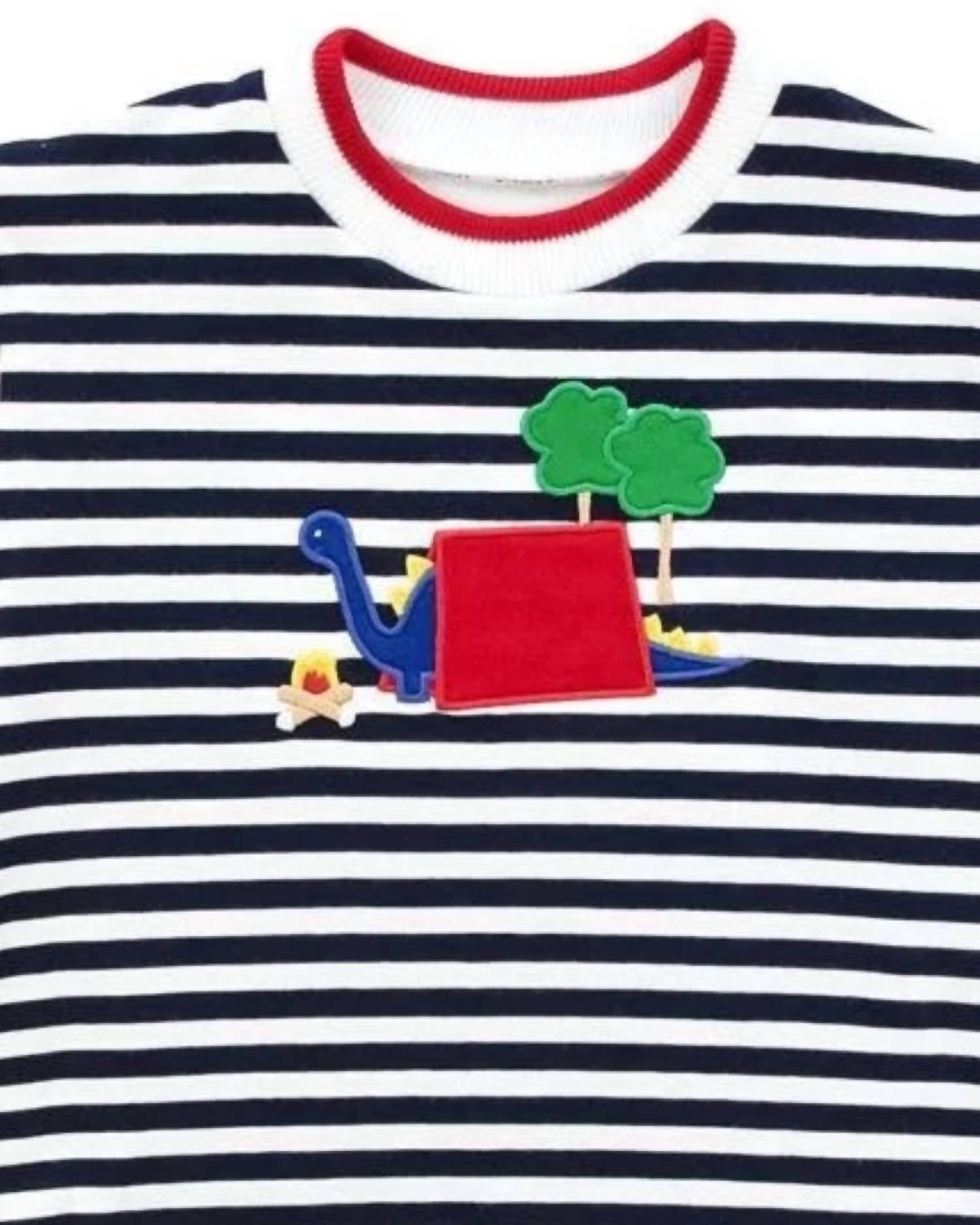 Florence Eiseman Kid's Camp Dinosaur Stripe Knit Shirt in navy white red - kids' t-shirt - detail view
