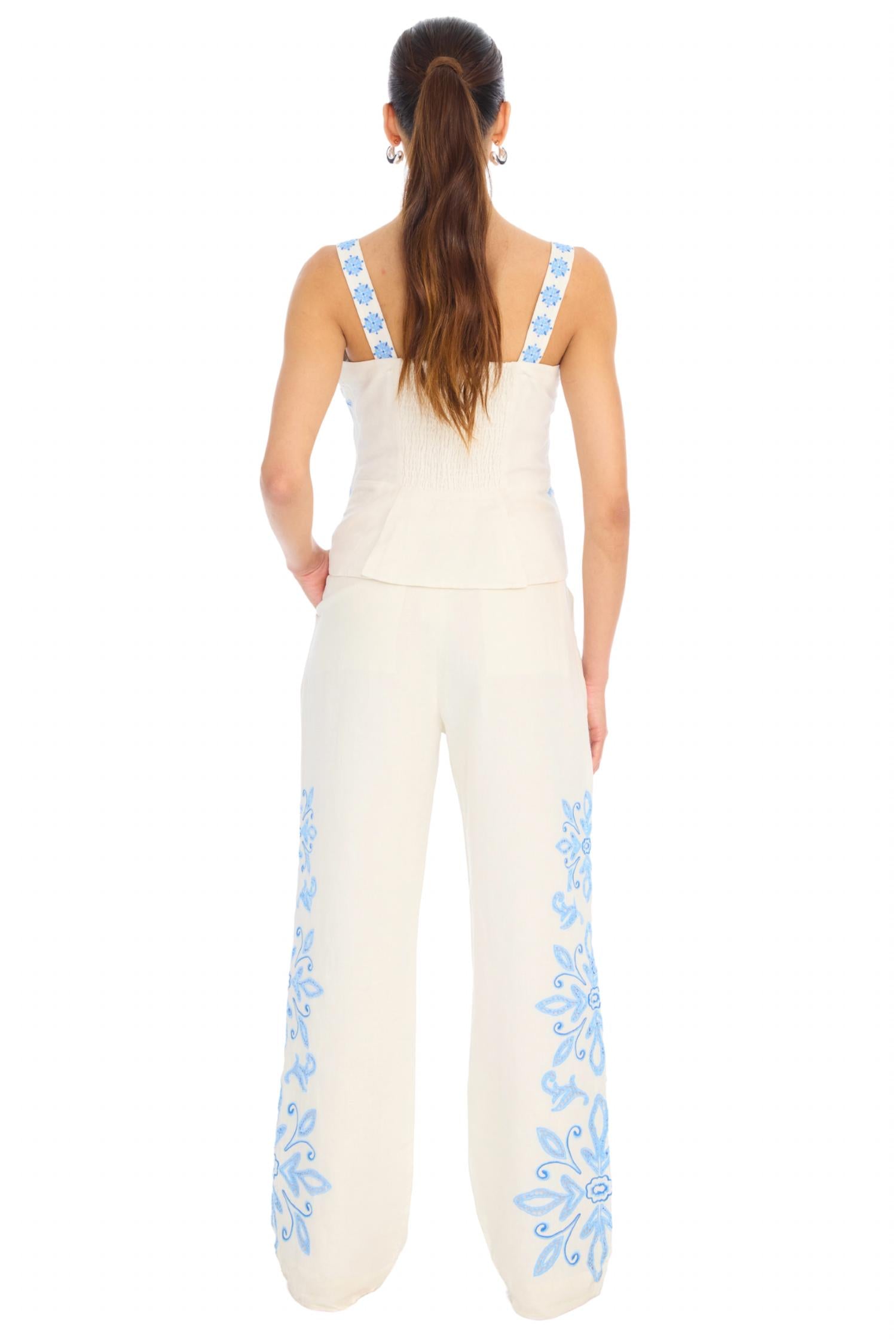ALLISON NEW YORK Embroidered Audrey Pant in blue white - women's pants - detail view