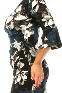 Connected Apparel - Floral Print Pleated Waist Dress