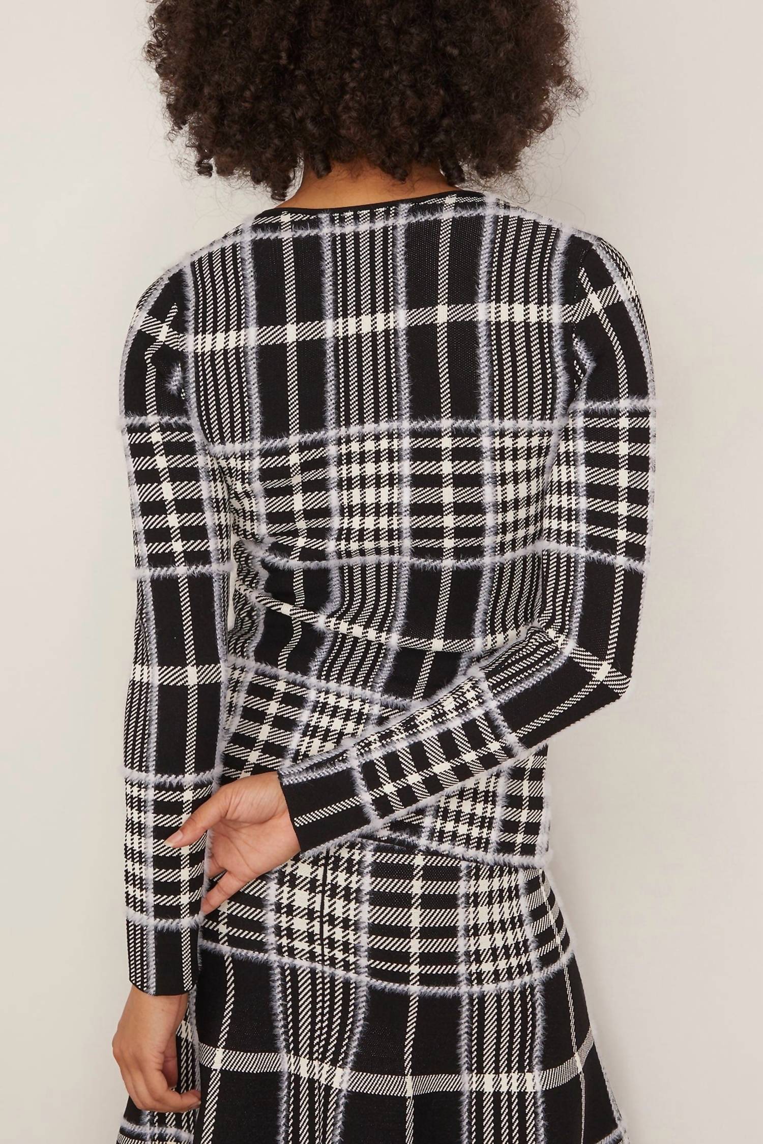 Brandon Maxwell Greer Zip Front Knit Cardigan in black plaid - women's cardigan - detail view