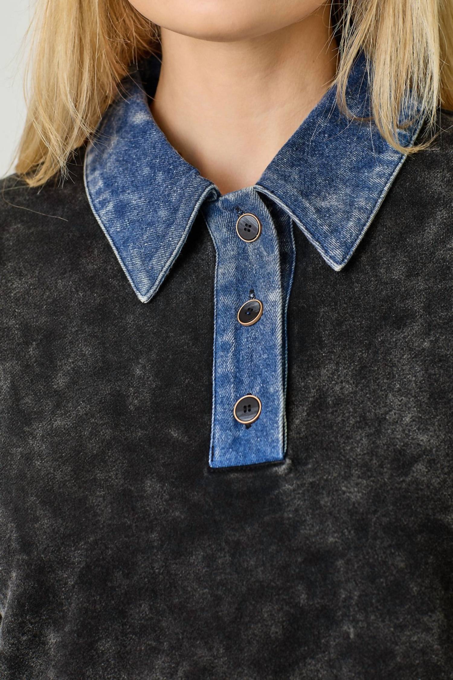 Mystree - Denim Collar Washed Polo Shirt