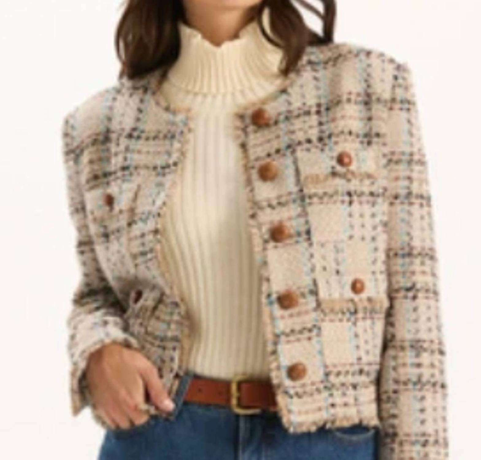 Tyler Boe Randy Hyland Boucle Jacket in beige multi - women's jacket - detail view