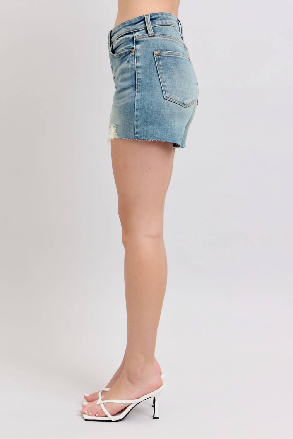 Judy Blue Mid Rise Button-fly Destroy Shorts in vintage wash - women's shorts - view 7