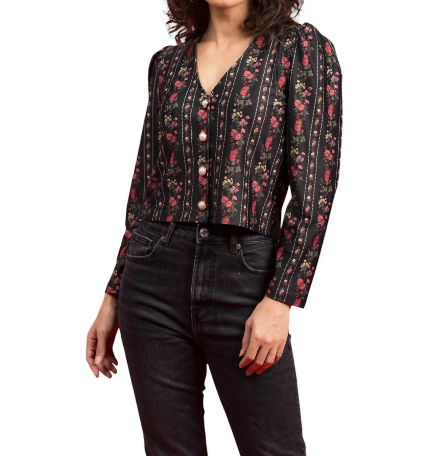 SMITH & QUINN Long Sleeve Floral Cardigan in onyx garden - women's cardigan - detail view