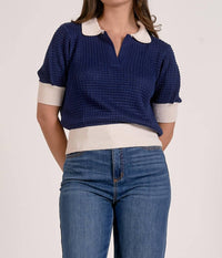 ELAN 3/4 Sleeve Collar Sweater Top in blue - women's sweater