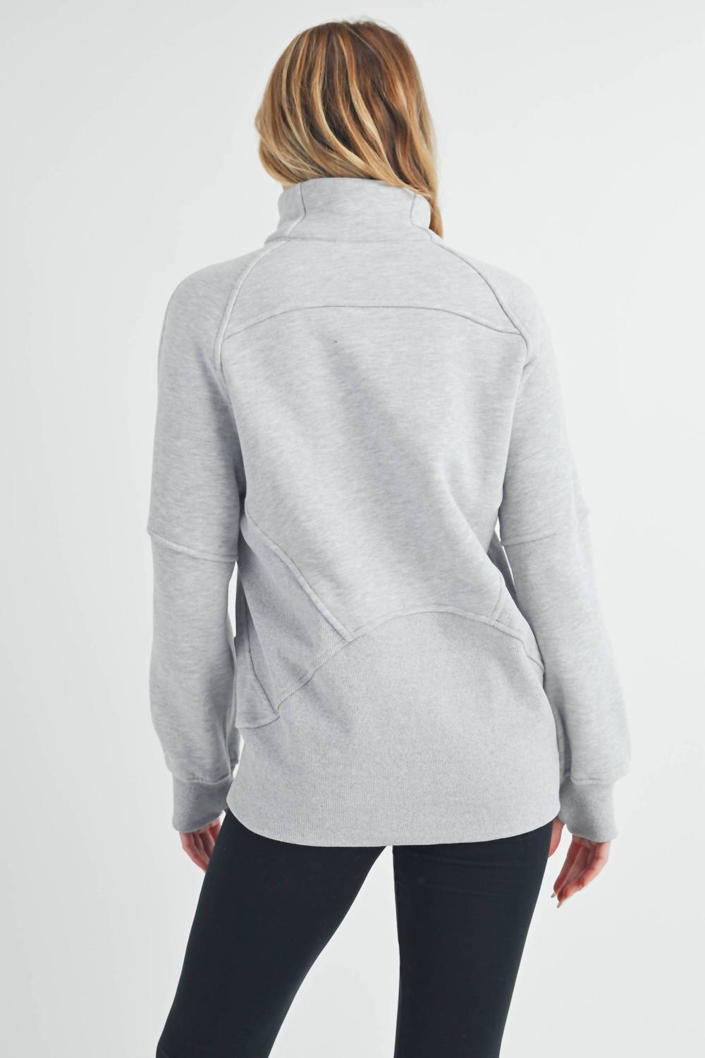 AEMI + CO Women's Funnel Neck Half Zip Pullover Sweater in heather grey - women's sweater - detail view