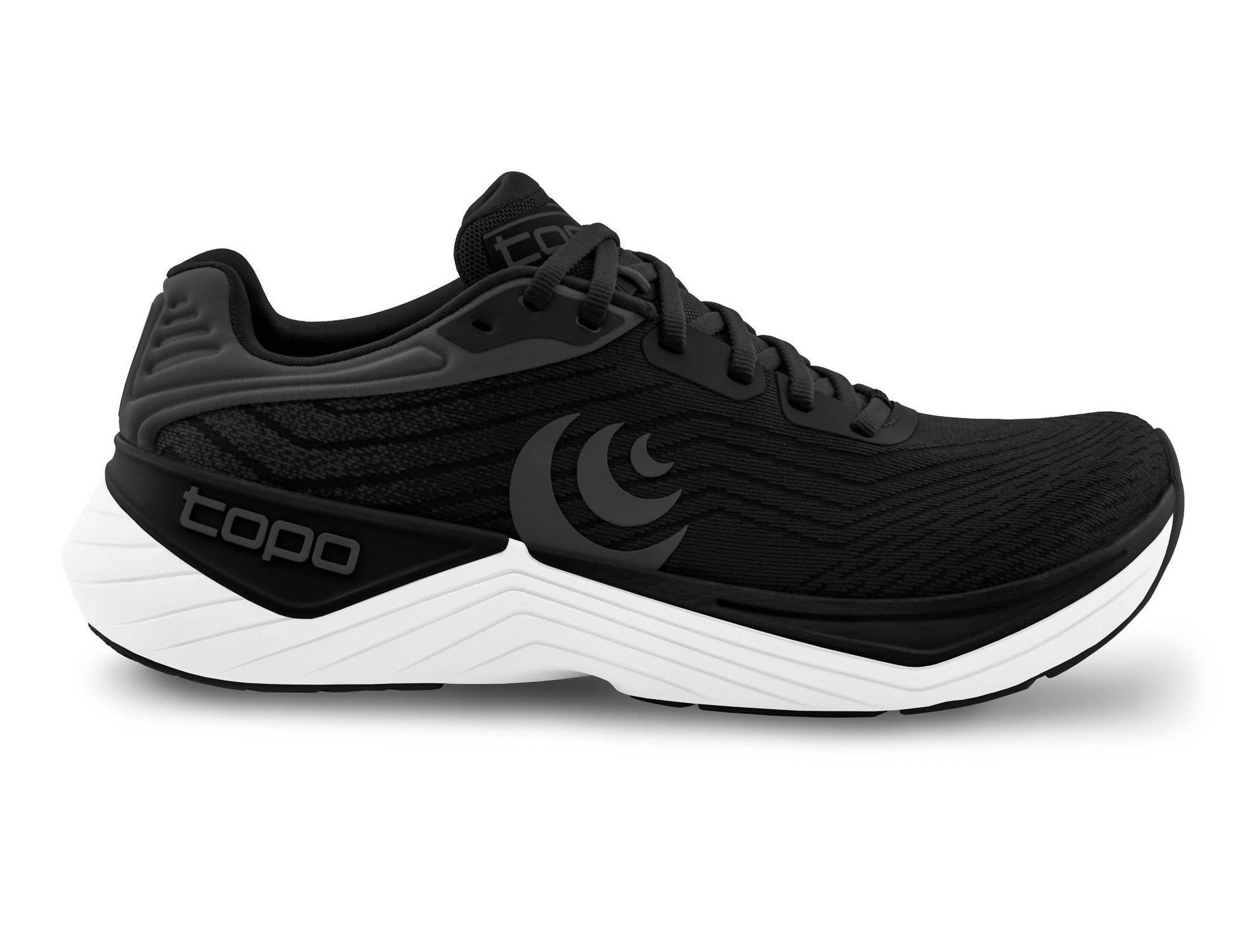 Topo Athletic Women's Ultrafly 5 Running Shoes in black white 1 - women's shoe - detail view