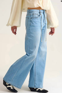 Q2 Adjustable Drawstring Waist Wide Leg Pants in blue - women's pants - detail view