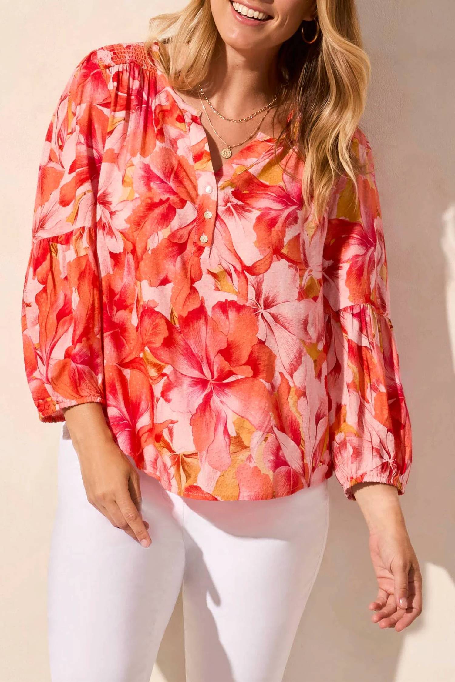 Tribal - 3/4 Sleeve Blouse with Smocked Yoke