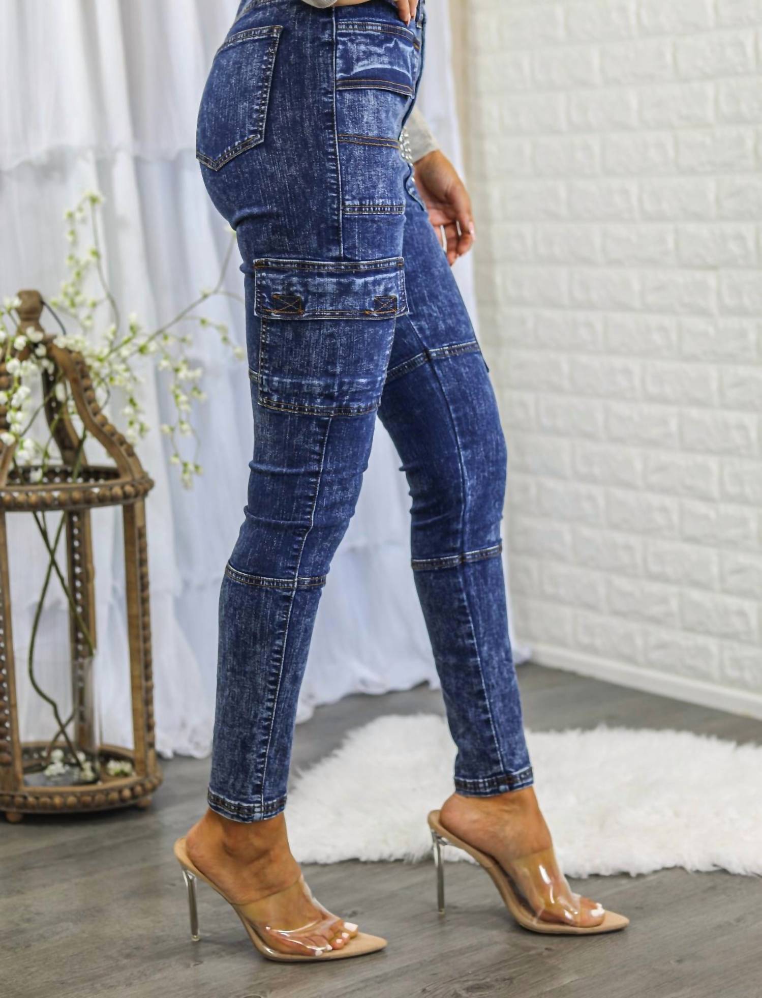 Surelymine - Women's High Waisted Cargo Style Skinny Jeans
