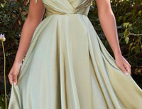 Cinderella Divine - Flowy Satin V-neck A-line Gown With Leg Slit
