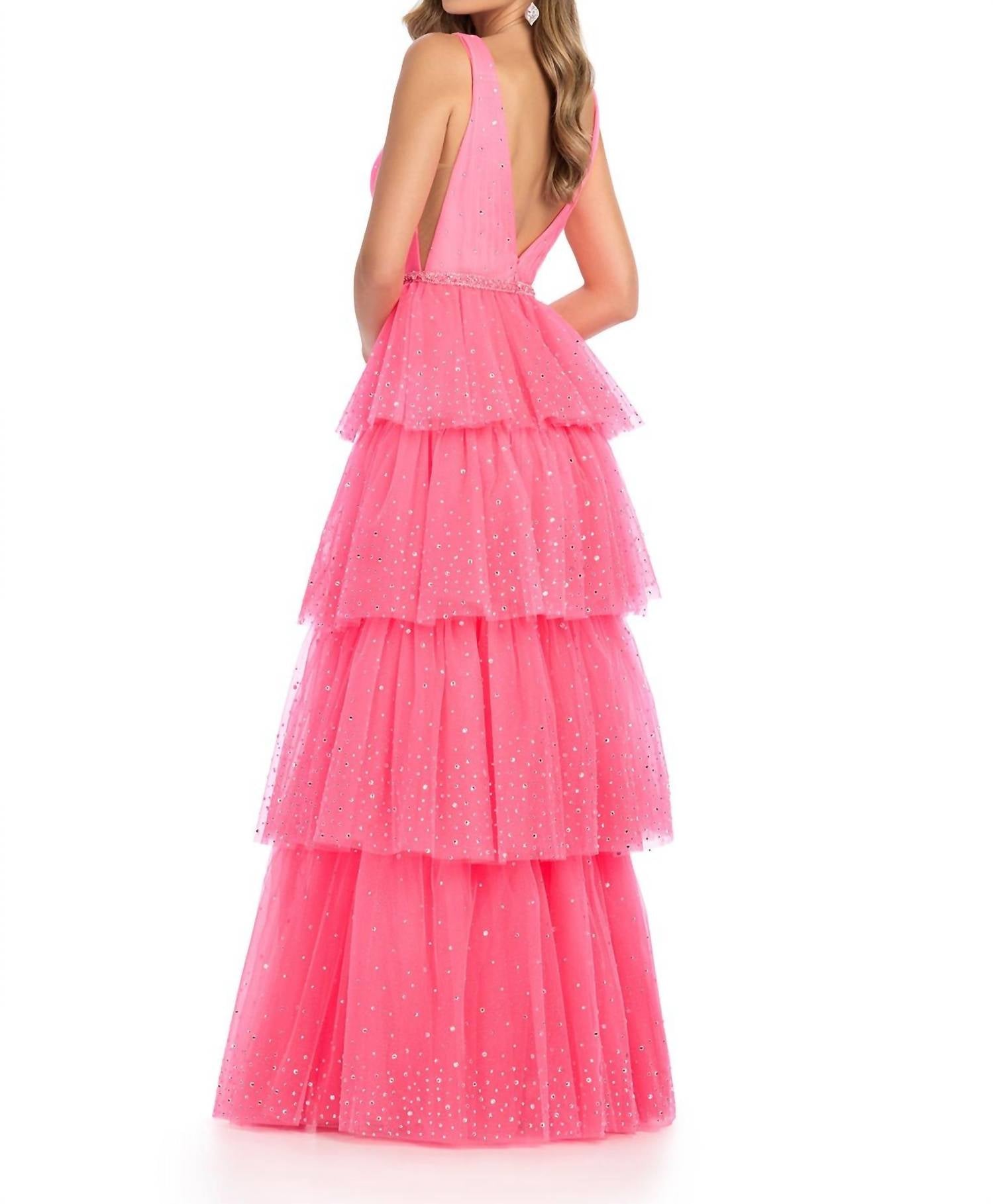 ASHLEYlauren V-neckline Prom Dress in hot pink - women's dress - detail view