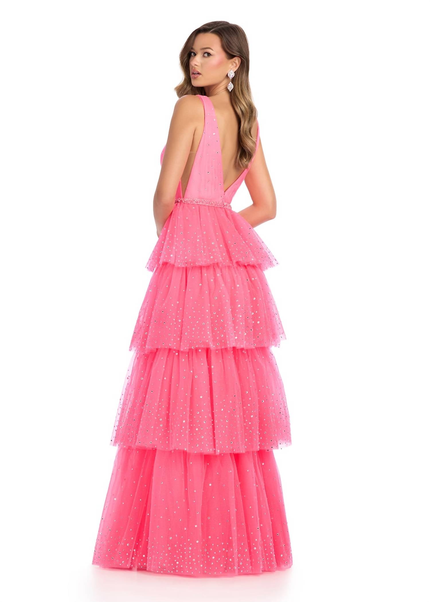 ASHLEYlauren V-neckline Prom Dress in hot pink - women's dress - alternate view