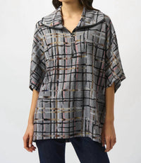 Joseph Ribkoff - Plaid Print Zipped Collar Sweater Top