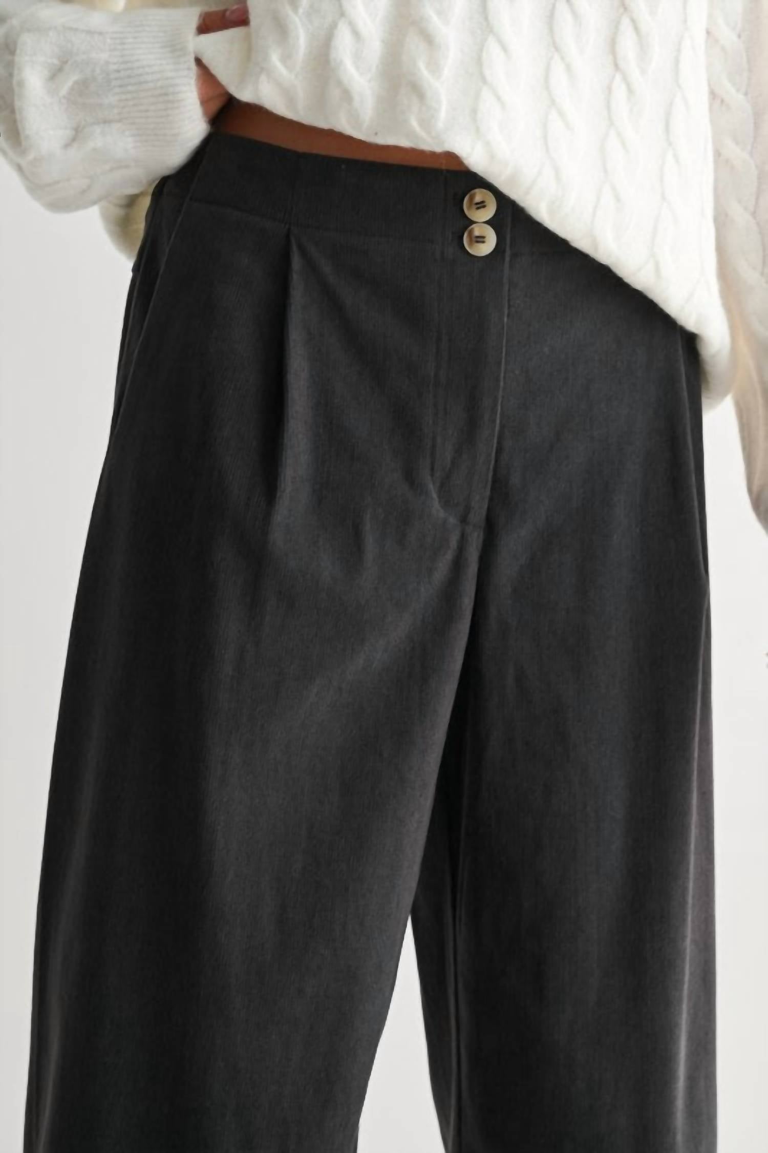 Fun 2 Fun Wide Leg Corduroy Pant in charcoal - women's pants - alternate view
