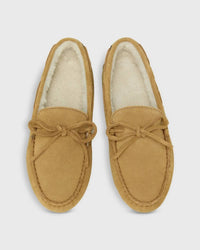 Ann Mashburn Women's Shearling Driving Moccasins in camel suede - women's shoe - detail view