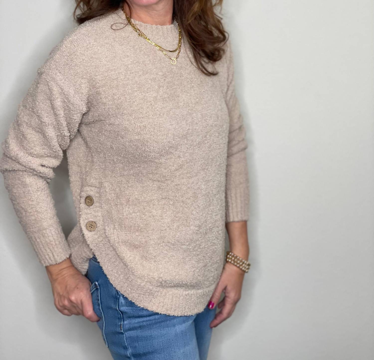 Hello Nite - Plush Side Button Crew Top
