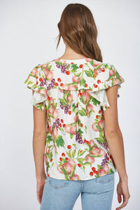 Fate Fruit Print Flutter Sleeve Split Neck Top in cream multi - women's blouse - detail view