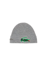 LACOSTE Unisex Ribbed Wool Knit Crocodile Beanie in gray - men's hat