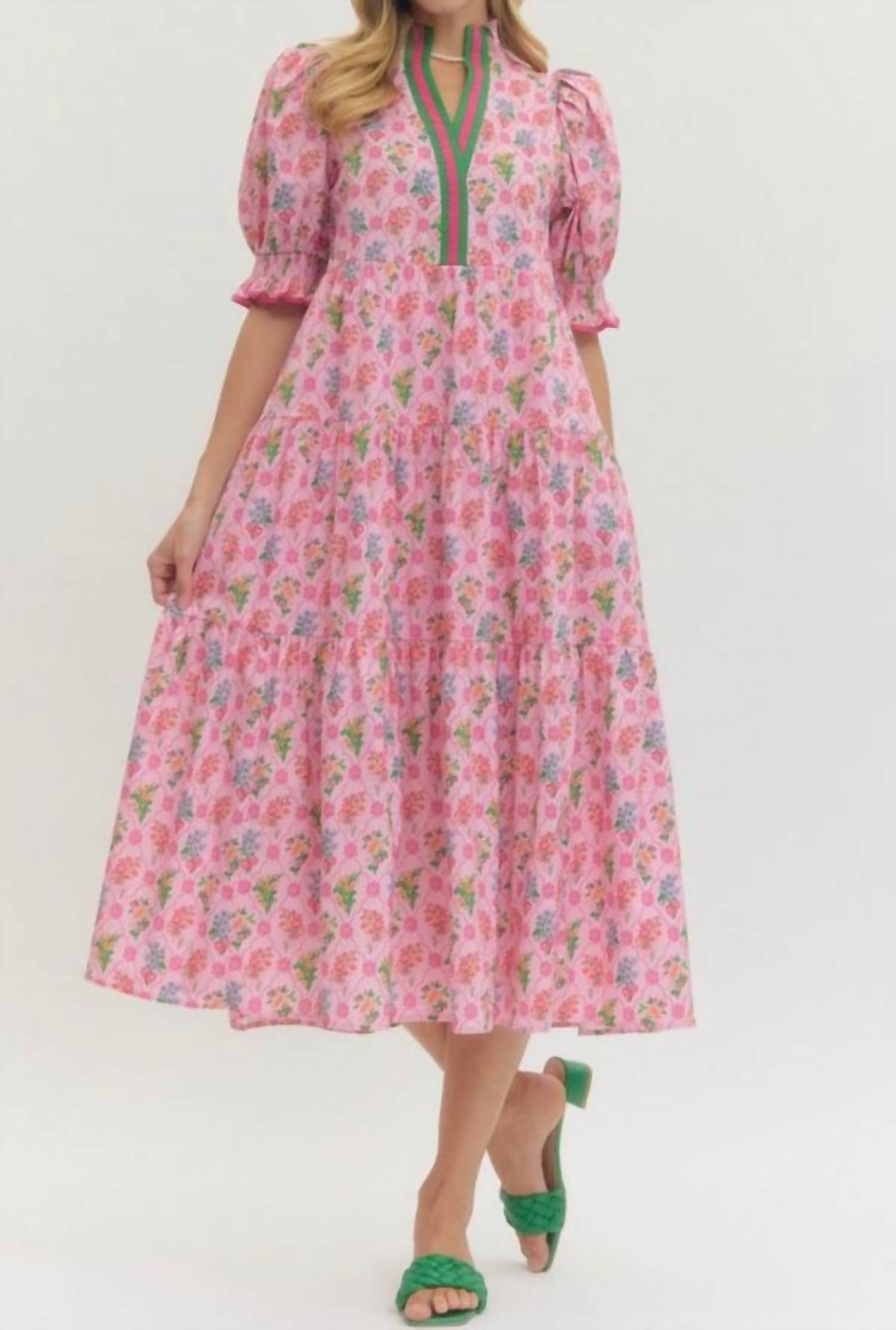 entro Floral Print Puff Sleeve Midi Dress in pink multi - women's dress