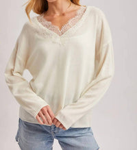 BluIvy Lace Trimmed V-neck Top in white - women's long sleeve top - alternate view