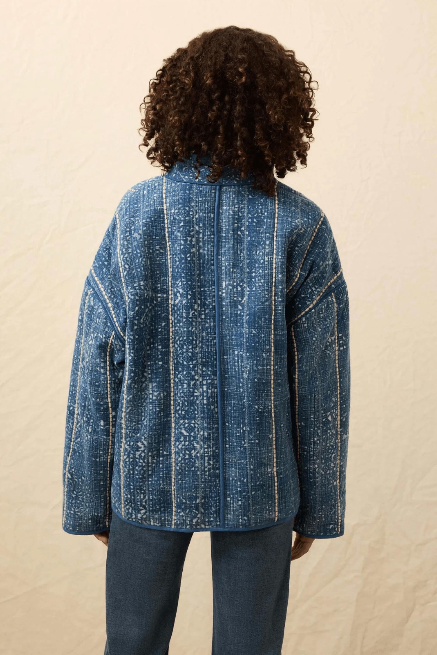 Faherty Quilted Patchwork Jacket in indigo - women's jacket - detail view