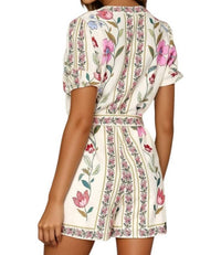 Lalavon - Rafaela Flower Print Short Puff Sleeve Romper