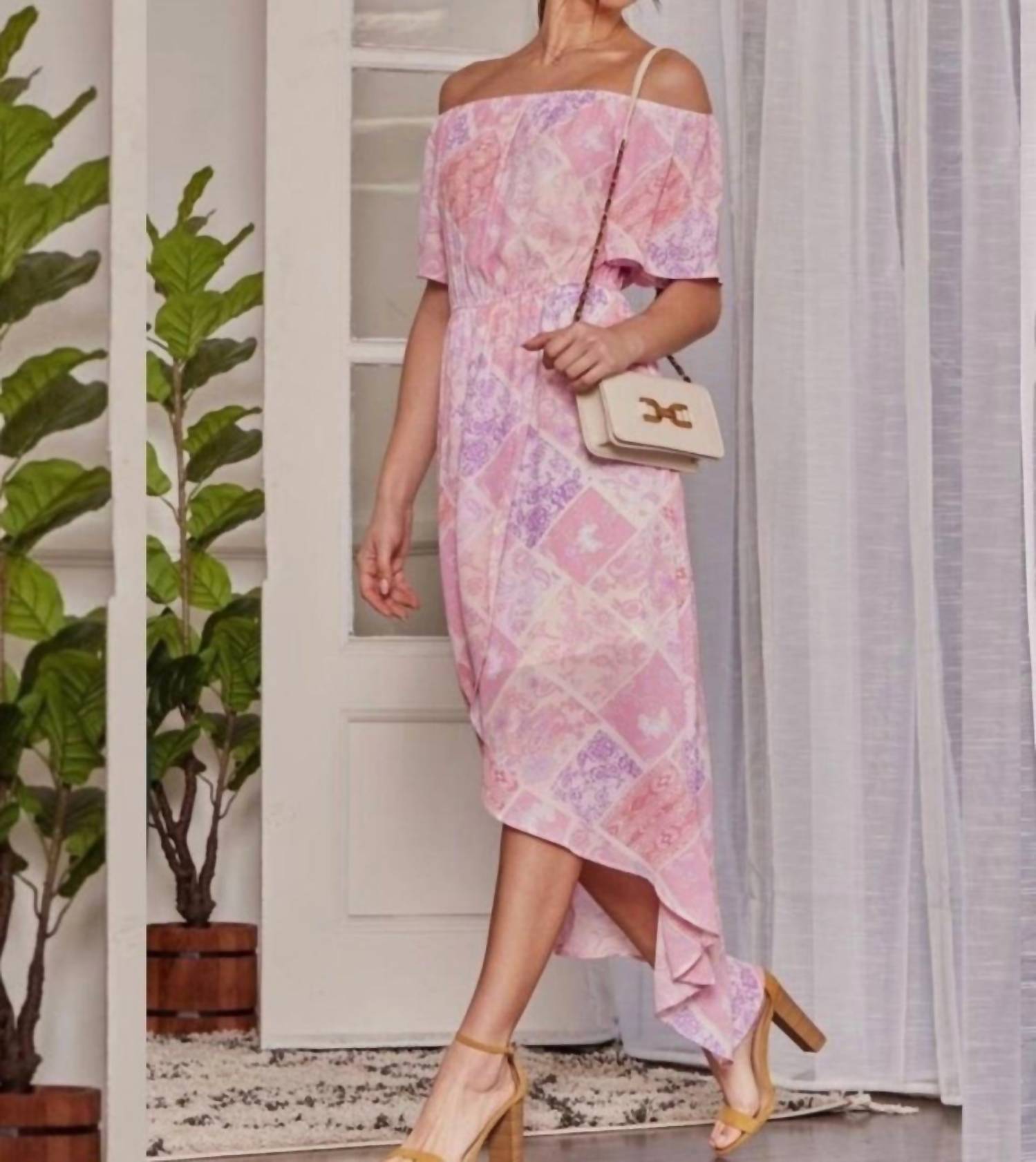 ANDREE BY UNIT Feminine Floral Off The Shoulder Midi Dress in pink - women's dress - view 5