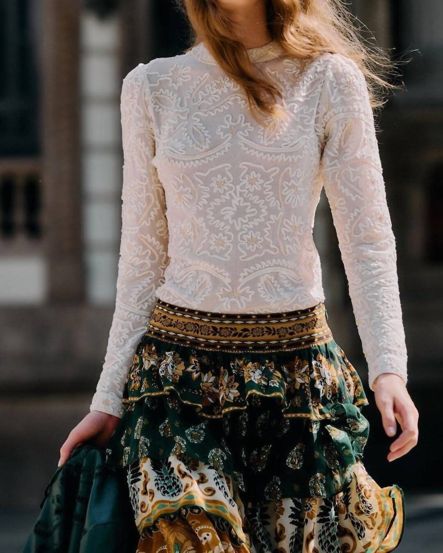 Farm Rio - Embroidered Crew Neck Long Sleeve Blouse