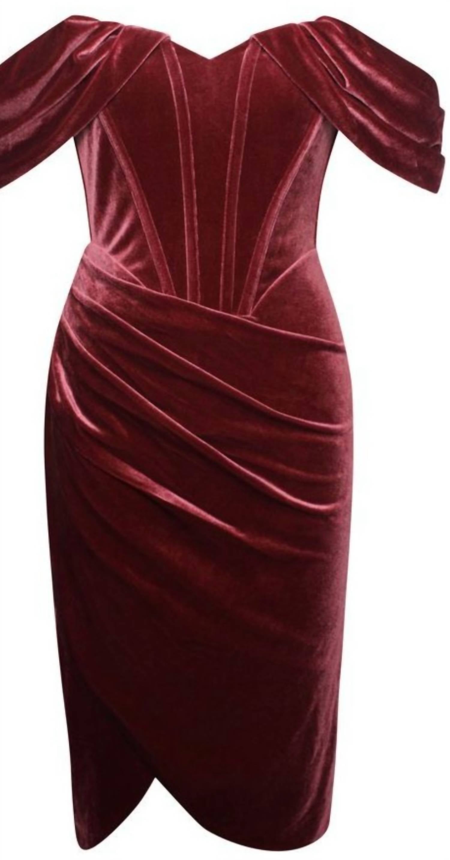 Miss Circle - Off The Shoulder Midi Draped Velvet Corset Dress